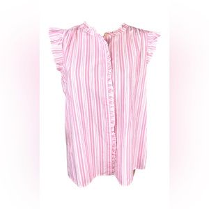 Loft pink and white striped ruffle button up shirt small